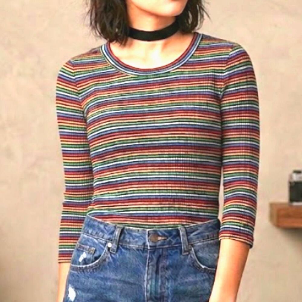Rainbow Stripe Ribbed Top Size Large Multicolor Long Sleeve Retro Casual Beatnik